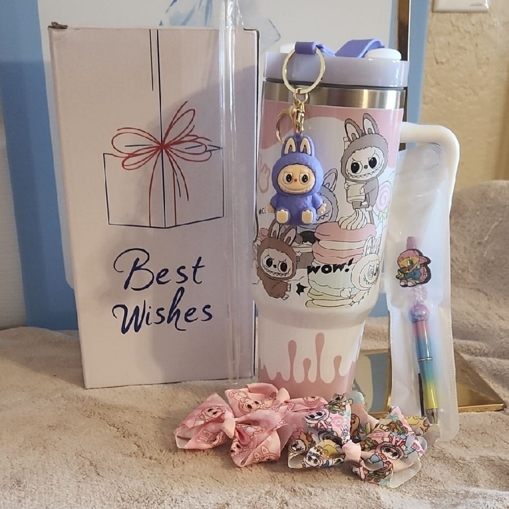 Cute Pink And White Tumbler With Accessories